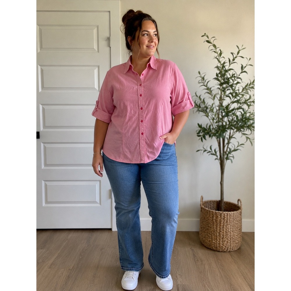 Jones New York Signature Woman Pink Cotton Button Down Shirt 2X Short Sleeve